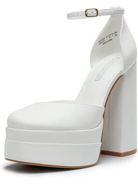 Women’s White Faux Leather High Chunky Platform Square Toe Ankle Strap Heels